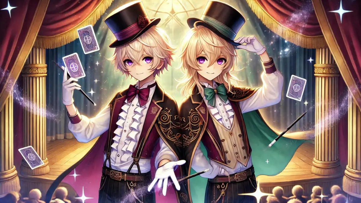 Lyney and his sister Lynette, characters from Genshin Impact, performing their magic show on stage in a grand, elegant theatre. Lyney has blond shaggy hair, purple eyes, and wears a maroon bowtie, a white ruffled shirt, a black cape with maroon on the inside, and a black top hat on his head. Lynette has long, blond hair and purple eyes, wearing a matching magician's outfit with a stylish hat. She has a teal green bow around her neck and a teal green cape. They are both holding magical props like cards and wands, with magical effects like sparkles and glowing lights surrounding them. The stage is decorated with elaborate curtains, and the audience is captivated, watching in awe. The teal green cape of Lynette matches her bow tie.