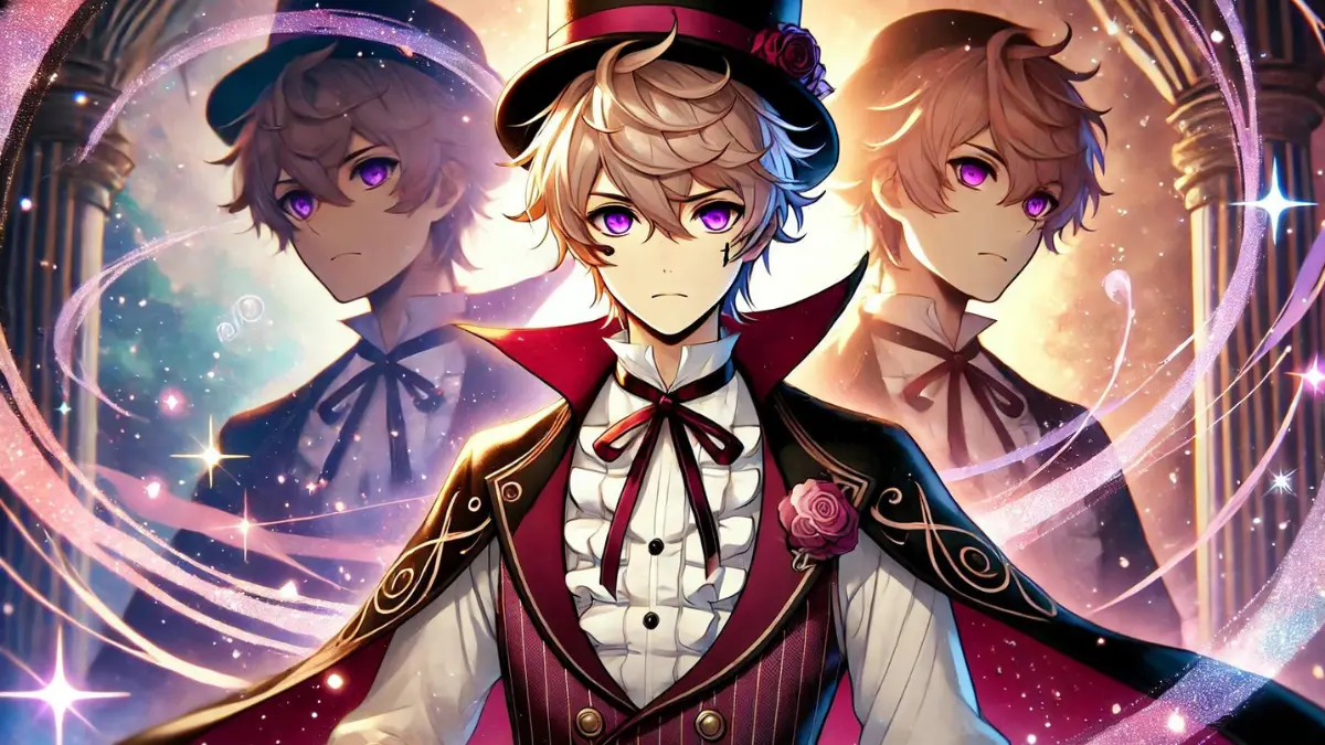 Lyney, a character from Genshin Impact, standing confidently with a magical aura around him. He has short, shaggy blond hair with a single braid and a pinkish-red strand, purple eyes, and a unique dark brown mark on his right cheek. He wears a maroon bow tie, a white ruffled shirt, a black cape with maroon on the inside, and a black top hat. The background is a vibrant, magical setting inspired by the Genshin Impact world, highlighting his mysterious and enchanting presence. His look is a work of art, making him stand out whether he's on stage or in battle.