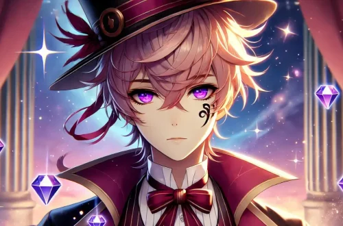 Lyney, a character from Genshin Impact, with eyes the color of amethysts and skin as pale as moonlight, giving him an other-worldly and mysterious appearance. He has short, shaggy blond hair with a single braid and a pinkish-red strand. A unique dark brown mark on his right cheek adds to his magical vibe. He wears a maroon bow tie and a black top hat. The background is a vibrant, magical setting inspired by the Genshin Impact world, highlighting Lyney's role as a magician. His look is a work of art, making him stand out whether he's on stage or in battle.