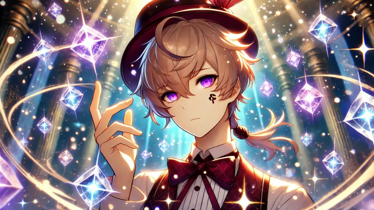 Lyney, a magician from Fontaine in Genshin Impact, performing on stage with a background of a grand, elegant theatre. Lyney has blond shaggy hair, blue eyes, and wears a maroon bowtie, a white ruffled shirt, a black cape with maroon on the inside, and a black top hat firmly on top of his head. He is holding a deck of cards in one hand and a magic wand in the other. The stage is decorated with elaborate curtains and magical effects like sparkles and glowing lights. The audience is captivated, watching in awe. The black top hat is clearly on top of his head.