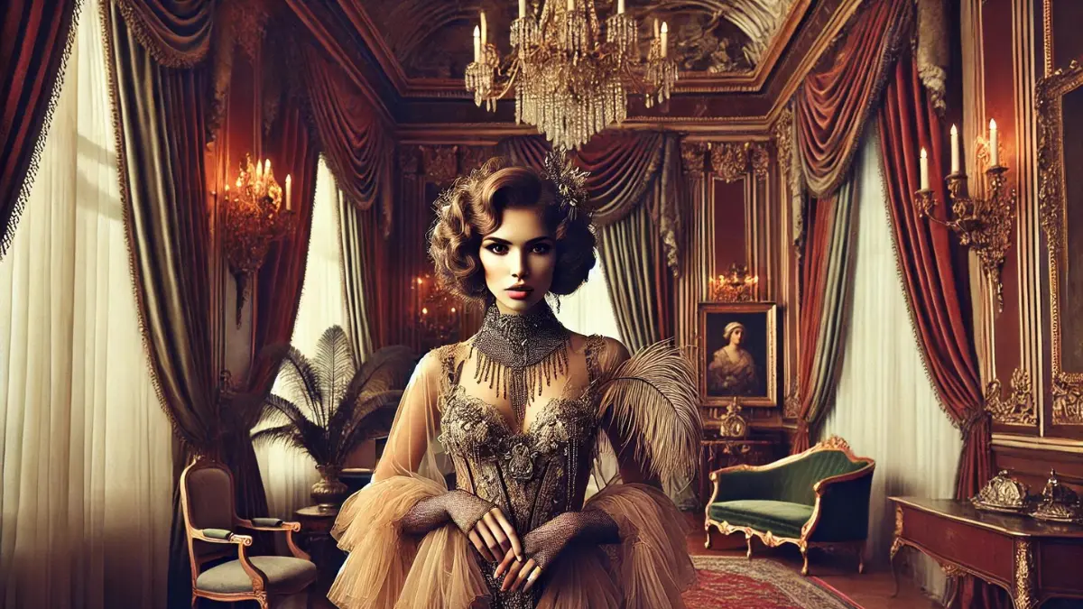 Mata Hari, the exotic dancer and courtesan. She stands in an elegant, ornate room with rich, historical European decor. Mata Hari wears a lavish, flowing costume with intricate details, embodying her allure and mystery. Her hair is styled elaborately, adorned with jewels and feathers, capturing her exotic charm. The background features plush drapery, ornate furniture, and a grand chandelier
