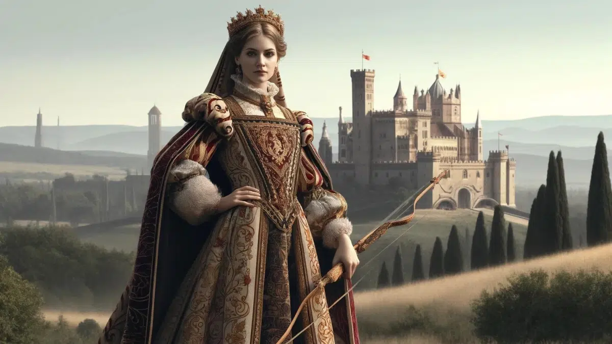 Matilda of Tuscany, a powerful medieval Italian noblewoman, standing confidently in front of a grand castle. She wears elaborate noble attire, including a richly decorated gown and a cloak. She holds a bow, symbolizing her military prowess. The background shows the Tuscan landscape with rolling hills and a medieval castle