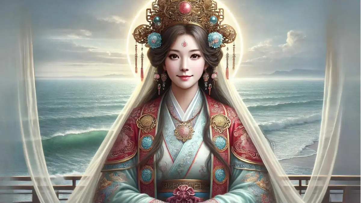 Mazu, the Empress of Heaven and goddess of the sea in Chinese culture. Mazu is shown as a serene and compassionate figure, with a gentle smile and kind eyes. She wears traditional Chinese imperial robes, richly adorned with intricate patterns and symbols. A regal headdress sits atop her head, highlighting her divine status. Mazu stands by the ocean, with waves gently lapping at the shore. The background features a calm, expansive sea under a clear sky, symbolizing her role as a protector of sailors and fishermen