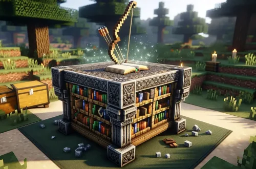 enchanting a bow in Minecraft, featuring an Enchantment Table and the mystical setting of the enchanting process.