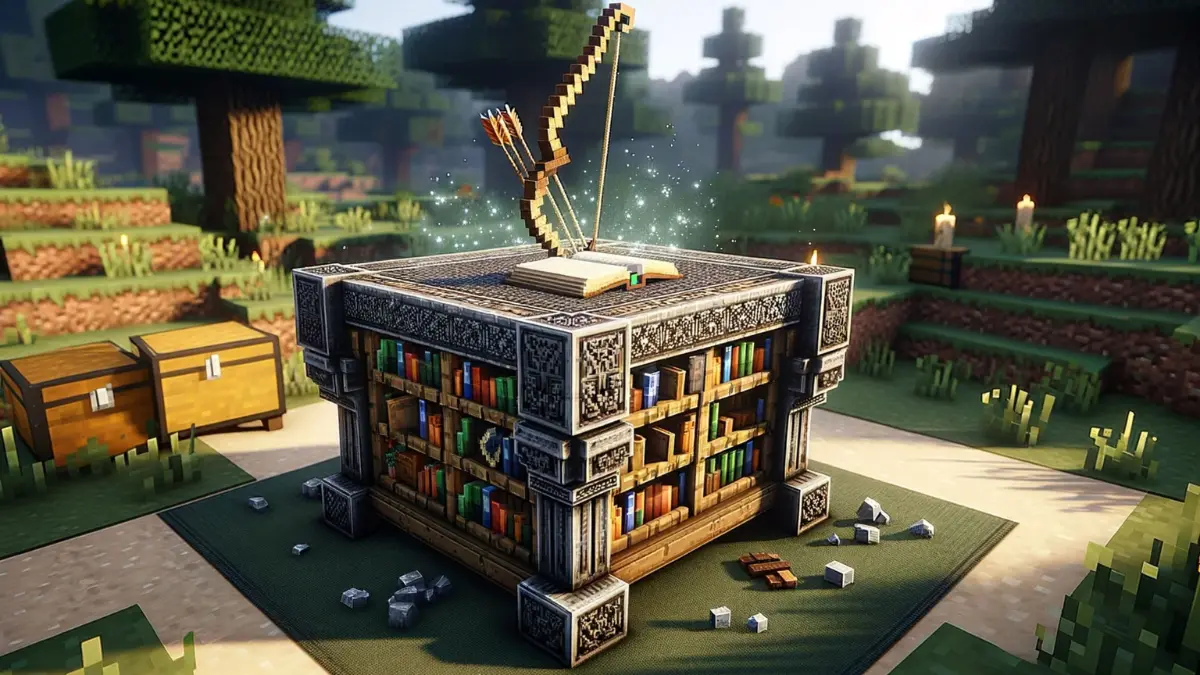 enchanting a bow in Minecraft, featuring an Enchantment Table and the mystical setting of the enchanting process.