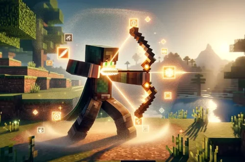 a character using their enchanted bow in a Minecraft setting. The image captures the dynamic action and the magical essence of using enchanted gear in the game