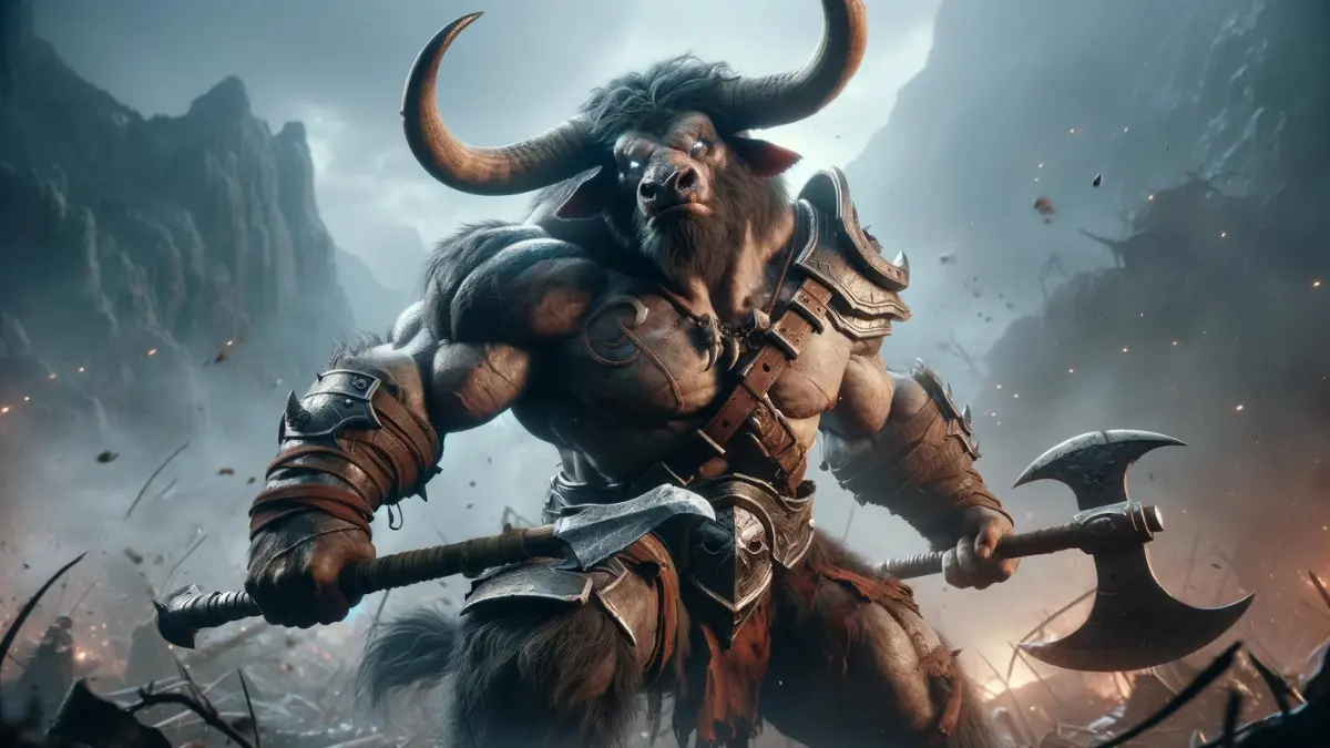 a Minotaur Barbarian in a dynamic battle stance. The Minotaur is muscular and imposing, standing over seven feet tall with large horns curving outward from his head. He wears minimal armor, consisting of a leather chest harness and metal bracers, highlighting his robust physique. In his hands, he wields a massive battle axe, ready for combat. The background is a chaotic battlefield, emphasizing the Minotaur's fearsome presence as a warrior
