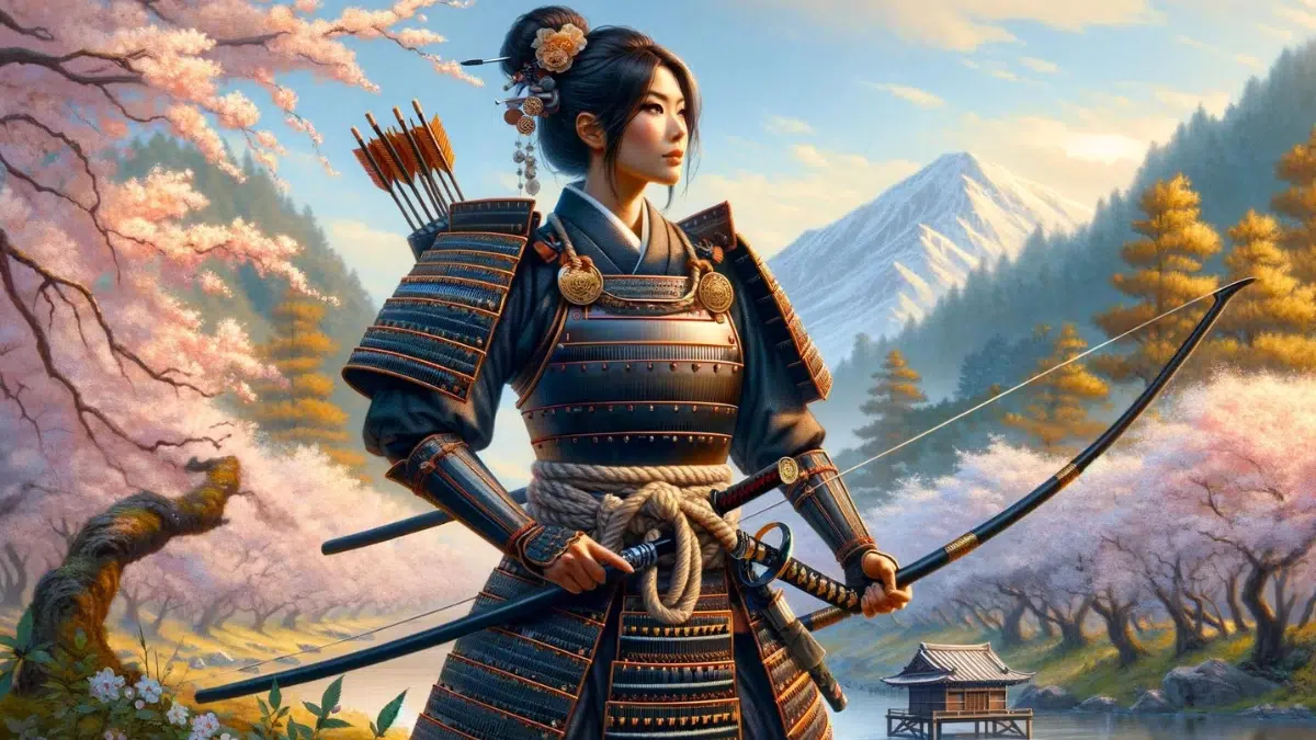 Nakano Takeko, a female samurai in Japan, standing confidently in traditional samurai armor. She holds a bow and arrow, symbolizing her exceptional skills. The background features a lush Japanese landscape with cherry blossoms and mountains