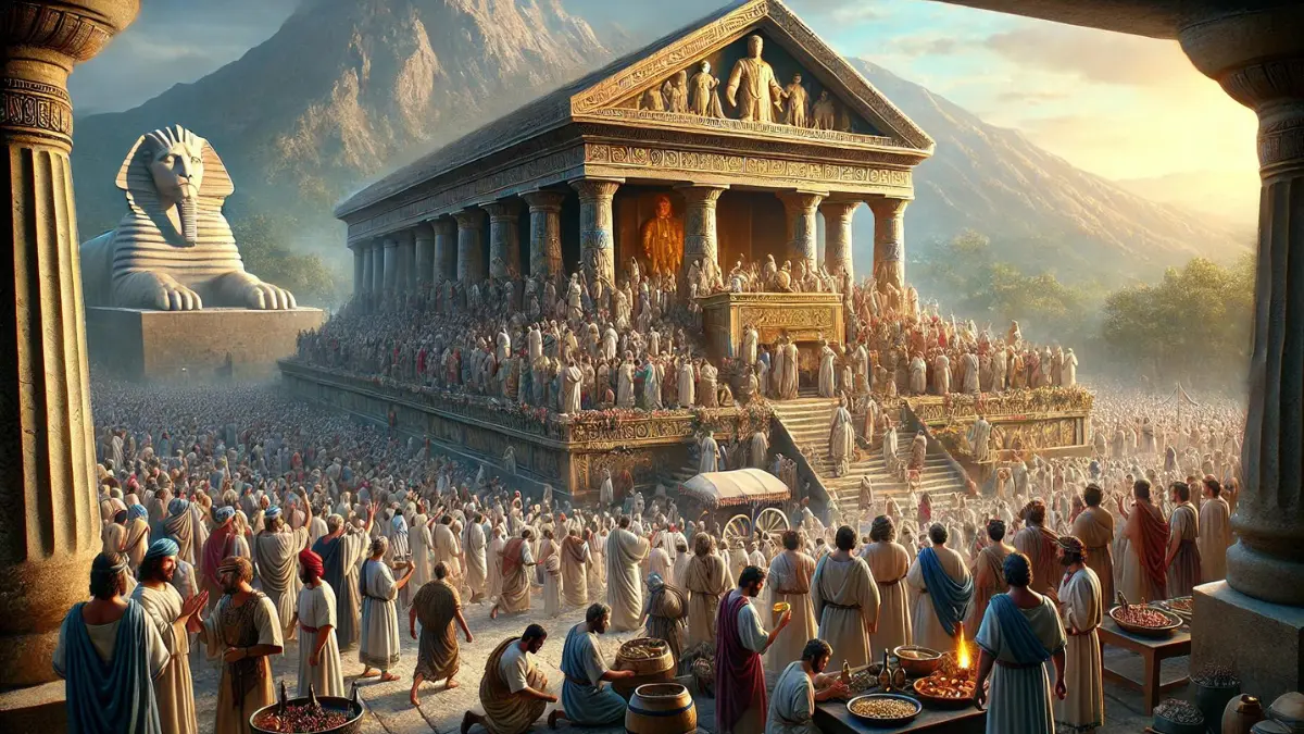 Orion being revered in Boeotia, where he is considered a local hero. The scene shows a hero cult established near his tomb in Tanagra, at the foot of Mount Cerycius (modern-day Mount Tanagra). People gather for annual feasts in his honour. The image includes a grand tomb surrounded by people in ancient Greek attire, celebrating with food and offerings. The background features Mount Cerycius, creating a majestic and reverent atmosphere, highlighting the cultural importance of Orion in Boeotia.