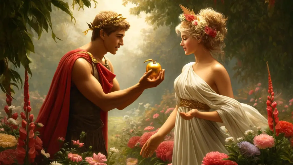 Paris awarding the apple to Aphrodite. Paris, a handsome Trojan prince, is shown presenting a golden apple to Aphrodite, who is stunningly beautiful and embodies grace. She accepts the apple with a delighted smile. The setting is a lush, idyllic garden, filled with flowers and soft light, which highlights Aphrodite's connection to beauty and love. This scene captures the critical moment that precipitated the events leading to the Trojan War