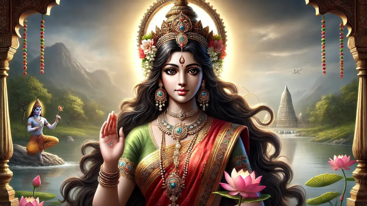 Parvati is portrayed with distinct Indian features, including a warm brown skin tone and expressive dark eyes. She has long, flowing black hair adorned with a traditional Indian crown and flowers. She wears traditional Indian attire, such as a richly detailed sari in vibrant colours like red and gold, symbolizing her divine nature. Her pose is gentle and graceful, with one hand raised in blessing and the other holding a lotus flower