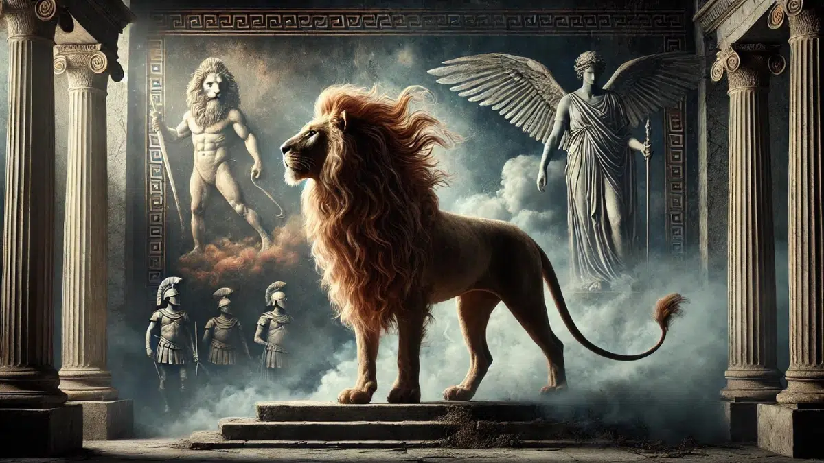 a scene from Plato's Republic, where Ajax's soul chooses the life of a lion. The scene shows a majestic lion, symbolizing strength and pride, in a dramatic and symbolic setting. In the background, there are ethereal and otherworldly elements representing the afterlife. The atmosphere reflects Ajax's deep sense of injustice and his disdain for human life, with shadows of ancient Greek elements like armor and judgment scenes subtly integrated into the backdrop.