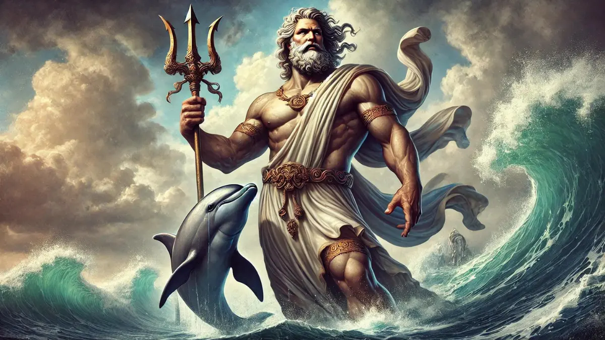 Poseidon, God of the Sea, depicted as a powerful and majestic figure. He stands tall with a commanding presence, holding a trident in one hand and a dolphin by his side. Poseidon has a strong, muscular build and is dressed in flowing, ancient Greek robes. His expression is fierce yet wise, reflecting his authority over the seas. The background features a dramatic ocean scene with crashing waves and a stormy sky, emphasizing his control over the waters. The overall scene conveys Poseidon's power and dominance as the ruler of the seas