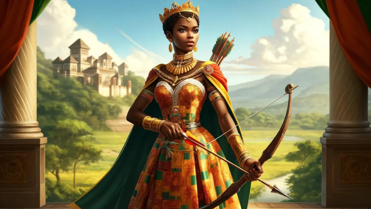 Queen Nzinga, a powerful leader of the Ndongo and Matamba Kingdoms in Angola, standing confidently with a bow and arrow. She wears traditional Mbundu royal attire with vibrant patterns and a crown, symbolizing her authority. The background features an Angolan landscape with lush greenery and a traditional palace.