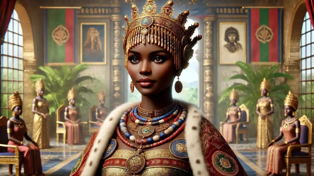 Queen Nzinga's sister, Kambu, also known as Lady Barbara. She stands in a regal setting, wearing traditional royal attire adorned with intricate patterns and jewellery. Her expression is confident and composed. The background includes elements of the kingdom's architecture, lush surroundings, and symbols of leadership. The lighting highlights her features, presenting her as a powerful and dignified ruler.
