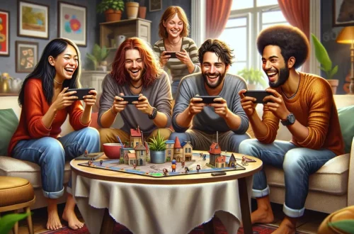 A lively scene of five people sitting around a table in a living room, each holding a phone and playing an online game similar to 'Ragdoll Archers'. They are deeply engaged in the game, laughing and having a good time. The group is diverse, including two men and two women, each with different ethnic backgrounds. The living room is cozy and well-lit, decorated with a comfortable sofa, a small coffee table, and house plants. The atmosphere is casual and joyful, capturing a moment of fun and camaraderie among friends.