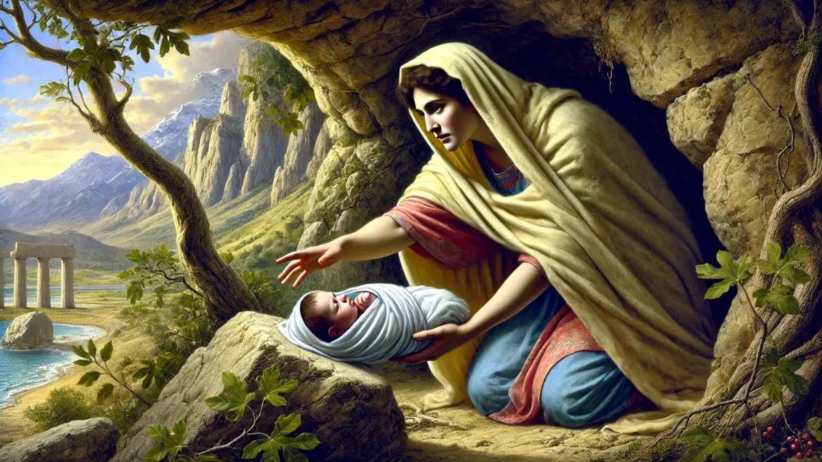 Rhea, the Titan queen, hiding her youngest child, Zeus, in a cave to protect him from her husband. Rhea, depicted as a determined and protective woman, carefully places baby Zeus, wrapped in swaddling clothes, into a concealed area within the cave. The background features a rugged landscape with the cave entrance partly hidden by foliage. Rhea's expression is one of resolve and urgency, emphasizing her bravery in saving her son. The overall scene is highly realistic, capturing the tension and determination of Rhea's act to protect Zeus