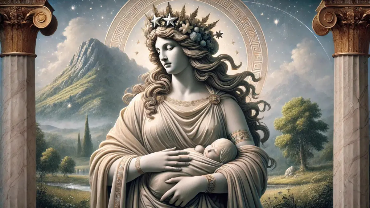 Rhea, Cronus's sister and wife, depicted as a regal and nurturing figure. She stands with a calm and protective expression, symbolizing her role as the mother of the Olympian gods. Rhea wears flowing, ancient Greek robes and a crown adorned with stars, emphasizing her divine status. She holds a bundle, representing her children, close to her chest. The background features a serene, natural landscape with lush greenery and a majestic mountain, symbolizing Mount Olympus. The overall scene captures Rhea's nurturing and motherly essence as well as her importance in Greek mythology