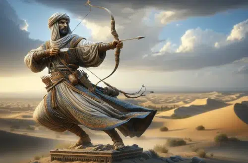 Saracen an Arab archer holds a bow and arrow, dressed in loose flowing clothes set in a desert setting