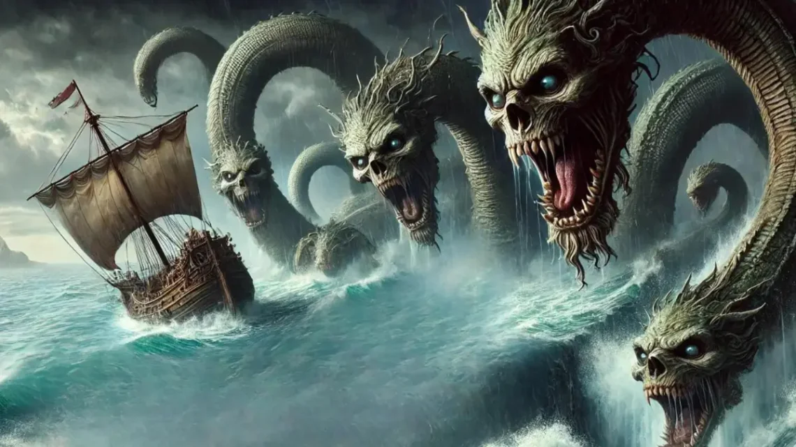 Jason and the Argonauts facing the treacherous straits of Scylla and Charybdis. Scylla, a monstrous creature with multiple heads, looms menacingly on one side, while Charybdis, a deadly whirlpool, churns on the other. Jason and his crew are in a large wooden ship, the Argo, navigating the dangerous waters with precision. The teamwork and skill of the Argonauts are evident as they row with all their strength