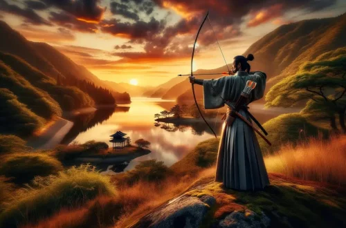 inspired by the description of a master archer, Sensei Ishikawa, set in a serene, ancient Japanese landscape at sunset from the game Ghost of Tsushima