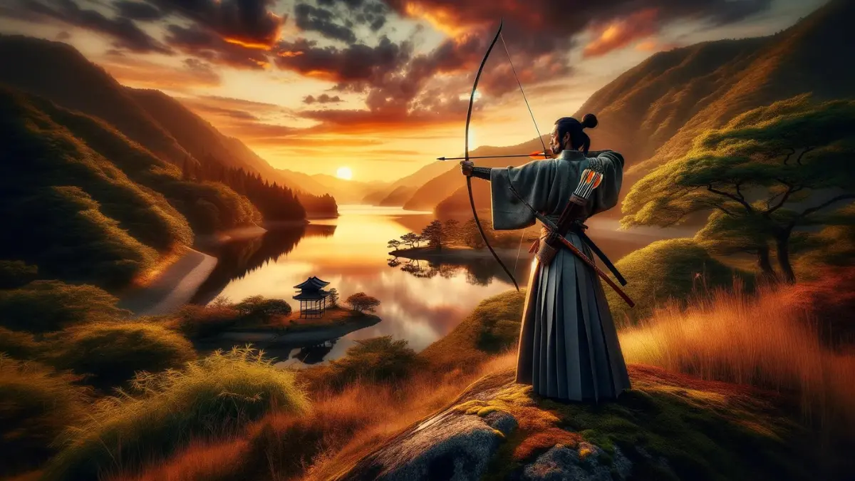 inspired by the description of a master archer, Sensei Ishikawa, set in a serene, ancient Japanese landscape at sunset from the game Ghost of Tsushima