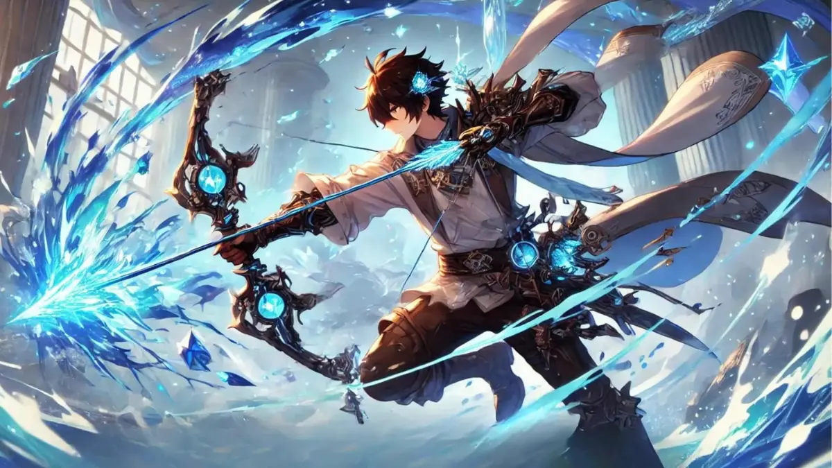 Anime image of Tartaglia from Genshin Impact wielding his recommended weapons and wearing the best artifacts for Hydro damage. Show him in action, fighting against a powerful enemy in a watery environment. Highlight the details of the weapons and artifacts, including stats and effects, to help players make informed gear choices. Use cool blue tones and dynamic lighting to enhance the action-packed scene