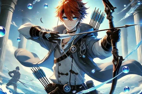 Anime image of Tartaglia from Genshin Impact wielding a bow, his recommended weapon, and wearing the best artifacts for Hydro damage. Show him in action, fighting against a powerful enemy in a watery environment. Highlight the details of the bow and artifacts, including stats and effects, to help players make informed gear choices. Use cool blue tones and dynamic lighting to enhance the action-packed scene. Tartaglia, also known by his codename 'Childe,' is a tall, handsome young man with a striking and somewhat dramatic appearance. He has short, messy-yet-manicured orange hair that adds a vibrant touch to his look. His deep blue eyes are notable for their brightness, often described as devoid of any reflection, giving him a piercing and enigmatic gaze. He wears a distinctive outfit that combines practicality with a touch of flair. His attire includes a gray jacket that is opened up, revealing a bit of his chest, and is asymmetrical, adding to his rebellious and youthful appearance. The jacket is paired with gray pants and black boots, which give him a militaristic yet stylish look. Black gloves cover his hands, adding to his combat-ready appearance