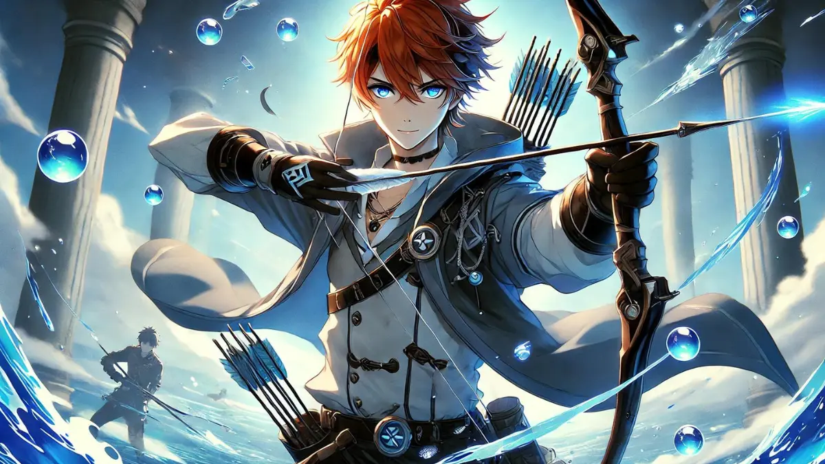 Anime image of Tartaglia from Genshin Impact wielding a bow, his recommended weapon, and wearing the best artifacts for Hydro damage. Show him in action, fighting against a powerful enemy in a watery environment. Highlight the details of the bow and artifacts, including stats and effects, to help players make informed gear choices. Use cool blue tones and dynamic lighting to enhance the action-packed scene. Tartaglia, also known by his codename 'Childe,' is a tall, handsome young man with a striking and somewhat dramatic appearance. He has short, messy-yet-manicured orange hair that adds a vibrant touch to his look. His deep blue eyes are notable for their brightness, often described as devoid of any reflection, giving him a piercing and enigmatic gaze. He wears a distinctive outfit that combines practicality with a touch of flair. His attire includes a gray jacket that is opened up, revealing a bit of his chest, and is asymmetrical, adding to his rebellious and youthful appearance. The jacket is paired with gray pants and black boots, which give him a militaristic yet stylish look. Black gloves cover his hands, adding to his combat-ready appearance