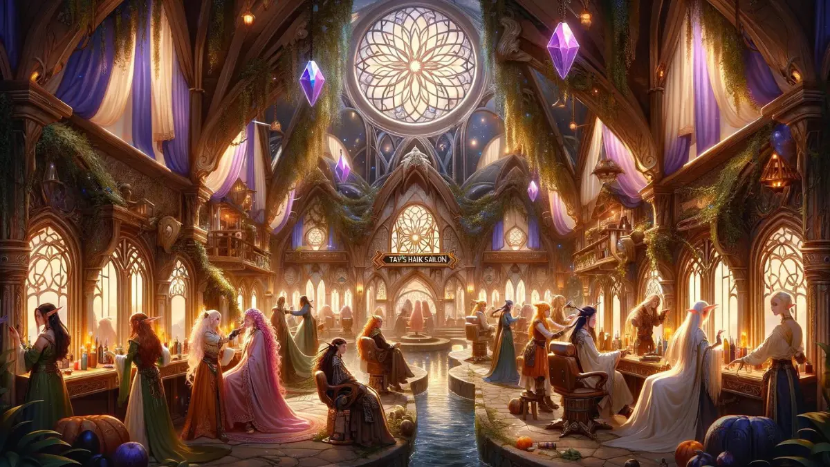 a magical fantasy hair salon named 'Tav's Hair Salon'. The scene shows an enchanting, spacious salon set in a fantastical realm with elements of medieval and elven architecture. Inside, diverse fantasy characters such as elves, humans, and drows are getting stylish haircuts and treatments by skilled stylists who are also various fantasy races. The interior is adorned with ornate mirrors, glowing crystals providing light, and vines climbing the walls