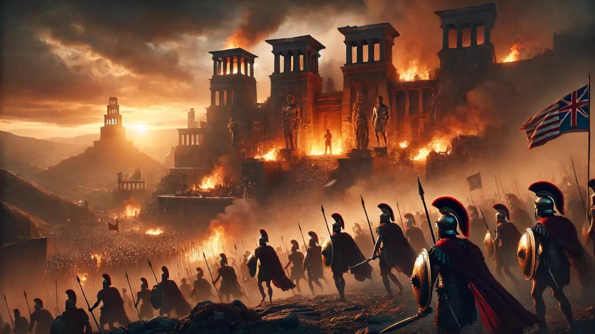 the fall of Troy, marking the end of the ten-year-long Trojan War. The scene is set at dusk with the city of Troy in flames, its mighty walls and towers crumbling under the assault. Greek warriors, in full battle armor, are seen entering the city gates, signaling the city's surrender. The sky is painted with hues of orange and red, reflecting the fire and chaos of the siege