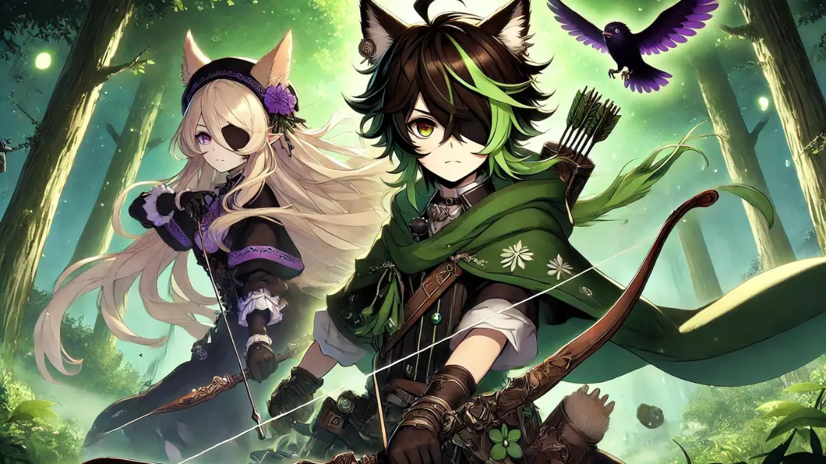 anime-style image featuring Tighnari and Fischl from Genshin Impact. Tighnari has a chin-length square black bob with light green streaks on either side, and two green bangs. His eyes are part brown and part light green, and he has large, fox-like ears and a bushy tail, covered in dark fur with lighter tips. He wears a green and brown tunic with botanical motifs and a long, flowing cape, fingerless gloves, and sturdy boots, carrying the Amos' Bow. Fischl has long blonde hair tied into twin tails and wears a black gothic-style dress with purple accents. She has a black eyepatch over one eye and wields a bow