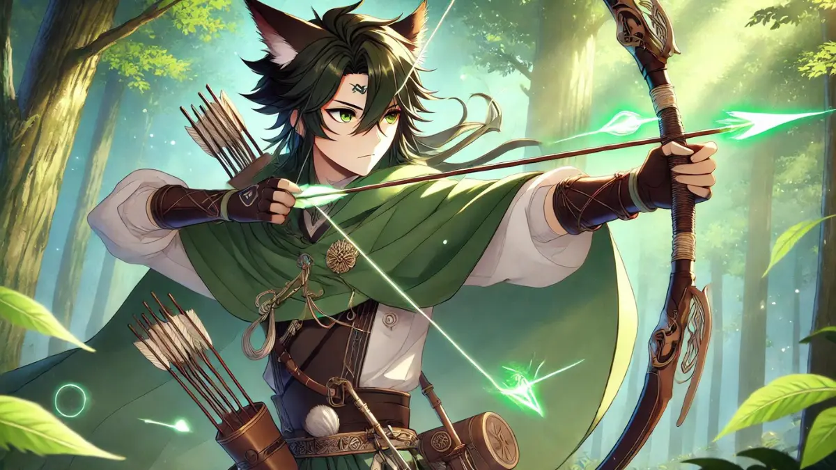 anime-style image of Tighnari from Genshin Impact using the Slingshot bow. Tighnari has dark green hair with fox-like ears and wears a traditional forest ranger outfit, including a green cloak and intricate accessories. Show him in an action pose, drawing the Slingshot bow with a precise, glowing arrow. The background should include elements of the forest and nature, reflecting his role as a forest ranger and his connection to the natural world
