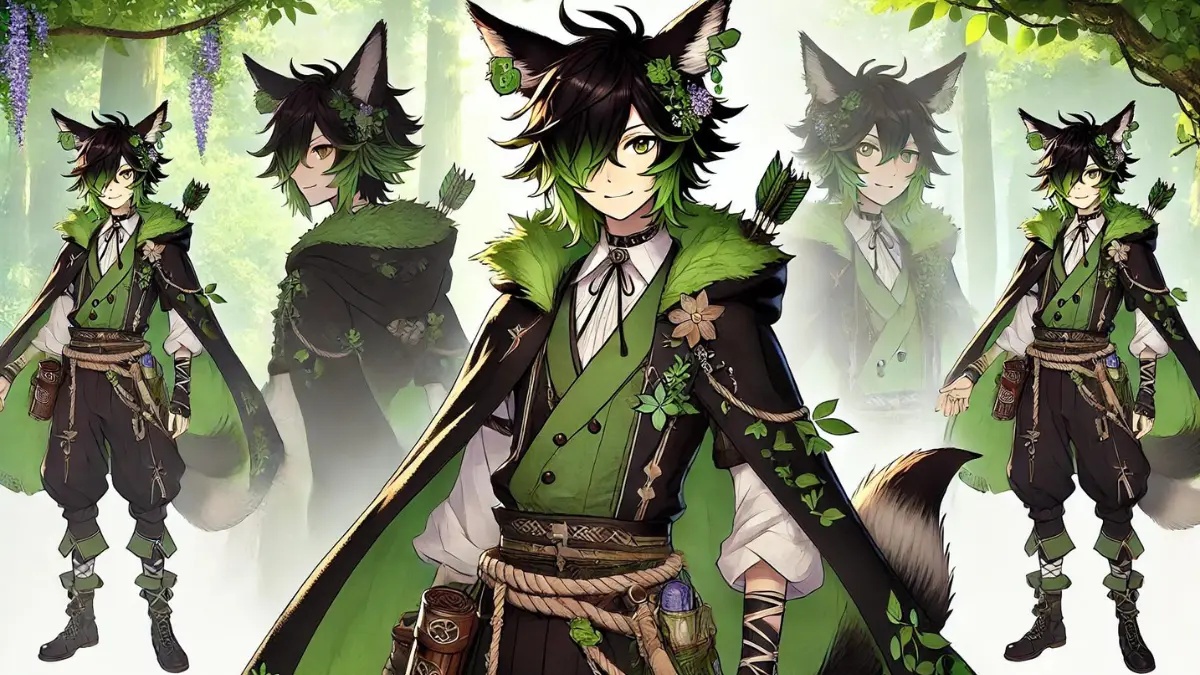 Tighnari from Genshin Impact. He has long, dark green hair with lighter green highlights, styled into a high ponytail with some strands falling around his face. He possesses large, fox-like ears and a bushy tail, both resembling those of a fennec fox, covered in dark fur with lighter tips. His eyes are a striking shade of green, reflecting his Dendro element and connection to nature. Tighnari wears a ranger-inspired outfit that combines practicality with elegance, including a green and brown tunic adorned with various botanical motifs and a long, flowing cape. He also wears fingerless gloves and sturdy boots suitable for forest terrain. He carries a bow and is often seen with a quiver of arrows.
