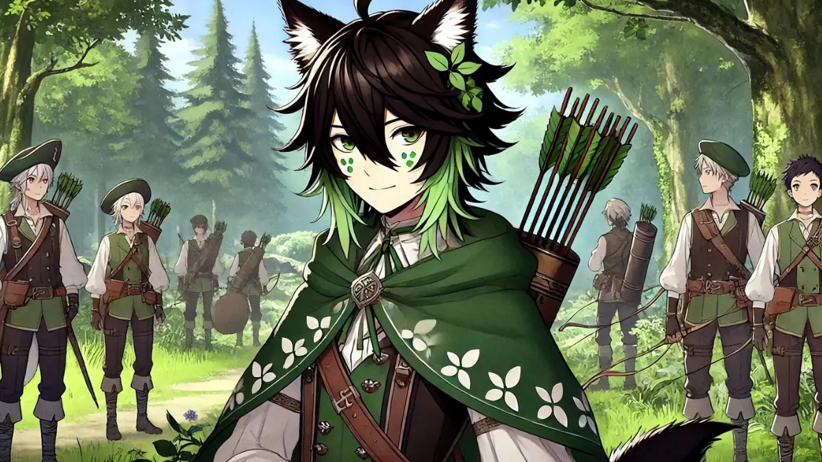 anime-style image of Tighnari from Genshin Impact as the Chief Officer of the Forest Rangers. Tighnari has a chin-length square black bob with light green streaks on either side, and two green bangs. His eyes are part brown and part light green, and he has large, fox-like ears and a bushy tail, covered in dark fur with lighter tips. He wears a green and brown tunic with botanical motifs, a long, flowing cape, fingerless gloves, and sturdy boots. He carries the Amos' Bow and has a quiver of arrows on his back. The background shows a lush, forested environment with Tighnari standing confidently, overseeing his team of rangers who are ready for action, emphasizing his leadership role.