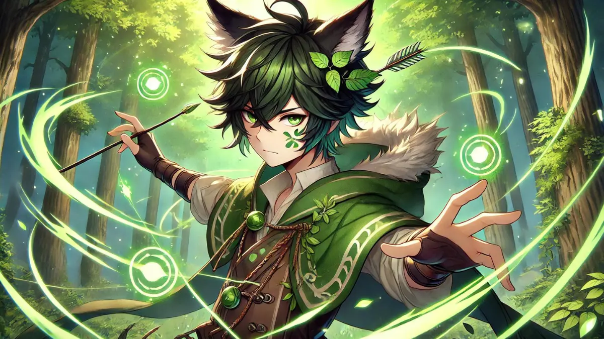 anime-style image of Tighnari from Genshin Impact using his Elemental Burst: Tanglevine Shaft. Tighnari has a chin-length square black bob with light green streaks on either side, and two green bangs. His eyes are part brown and part light green, and he has large, fox-like ears and a bushy tail, covered in dark fur with lighter tips. He wears a green and brown tunic with botanical motifs, a long, flowing cape, fingerless gloves, and sturdy boots. Tighnari is in the midst of activating his Elemental Burst, Tanglevine Shaft, with energy arrows flying and vines wrapping around them, creating a powerful display of his Dendro abilities. The background shows a lush, forested environment filled with glowing elemental energy.