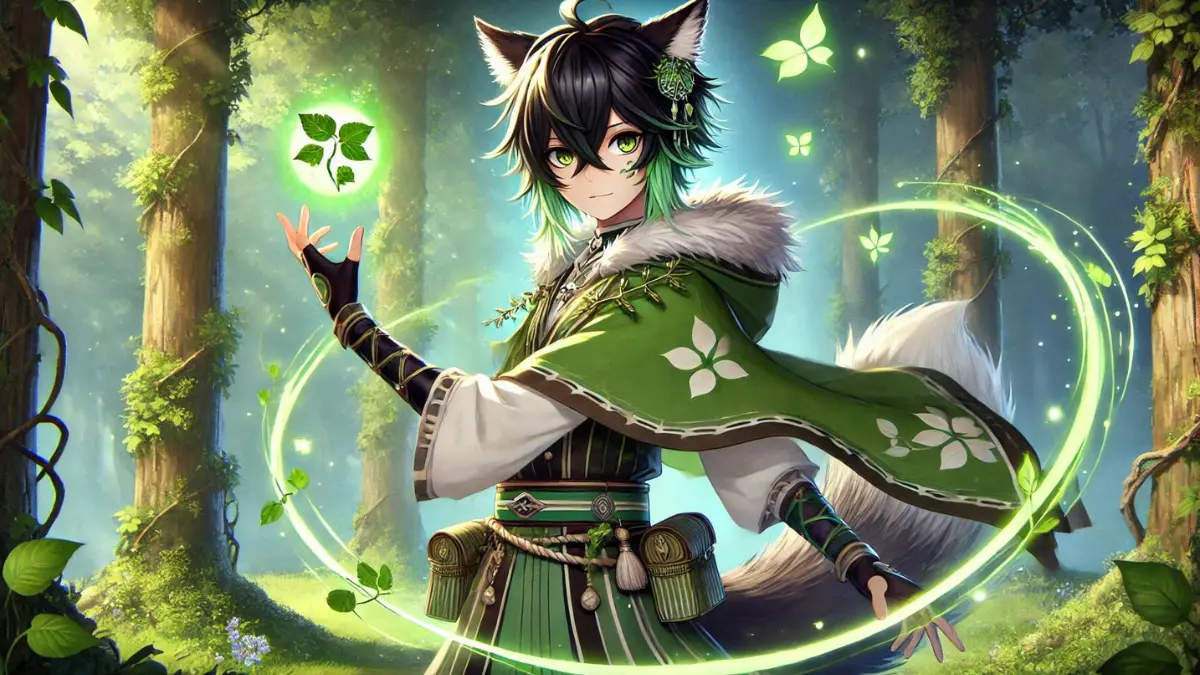 anime-style image of Tighnari from Genshin Impact using his Elemental Skill, Vijnana-Phala Mine. Tighnari has a chin-length square black bob with light green streaks on either side, and two green bangs. His eyes are part brown and part light green, and he has large, fox-like ears and a bushy tail, covered in dark fur with lighter tips. He wears a green and brown tunic with botanical motifs, a long, flowing cape, fingerless gloves, and sturdy boots. Tighnari is activating his Elemental Skill, Vijnana-Phala Mine, creating a mystical aura with large vines and plant life emerging around him, emphasizing his Dendro element. The background shows a lush, forested environment glowing with elemental energy.
