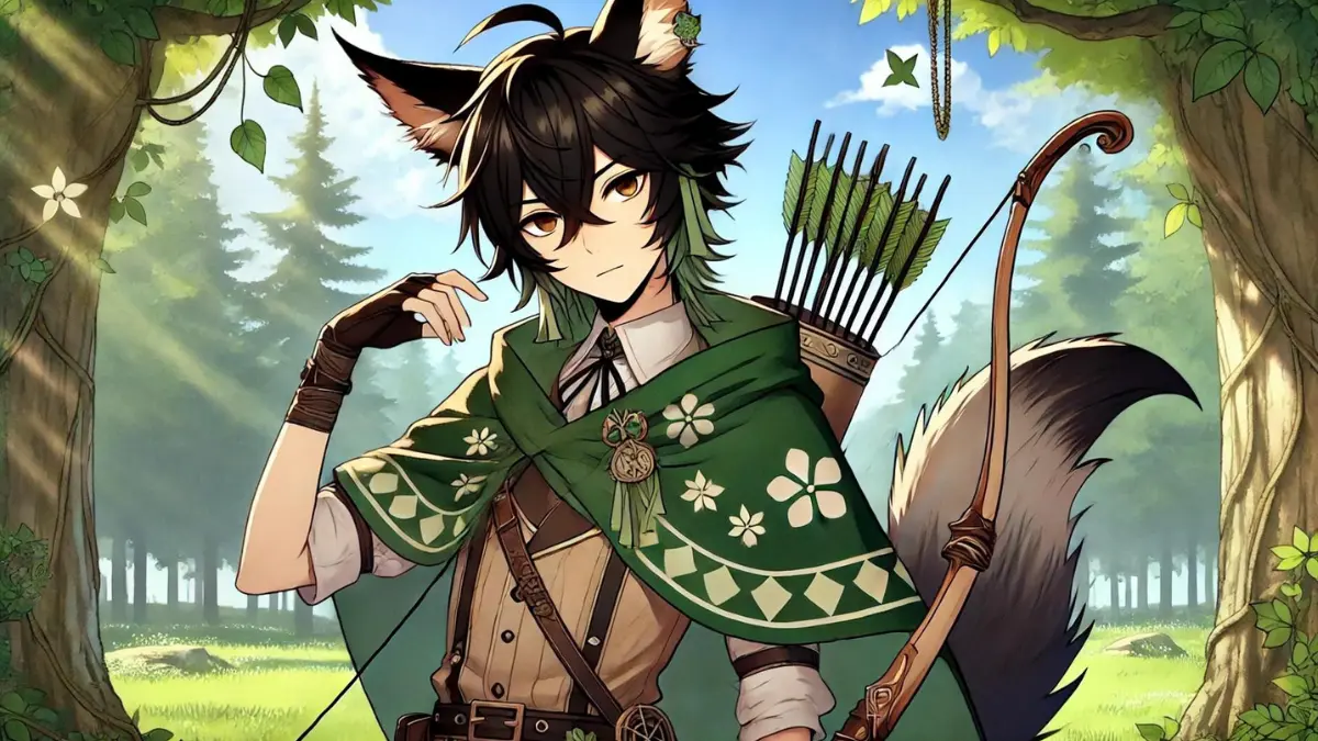 anime-style image of Tighnari from Genshin Impact using the Amos' Bow. He has a chin-length square black bob, with light green streaks on either side. He has two pieces of hair as bangs, and they are also green. His eyes are part brown and part light green, reflecting his Dendro element and connection to nature. He possesses large, fox-like ears and a bushy tail, both resembling those of a fennec fox, covered in dark fur with lighter tips. Tighnari wears a ranger-inspired outfit that combines practicality with elegance, including a green and brown tunic adorned with various botanical motifs and a long, flowing cape. He also wears fingerless gloves and sturdy boots suitable for forest terrain. He carries the Amos' Bow and is often seen with a quiver of arrows