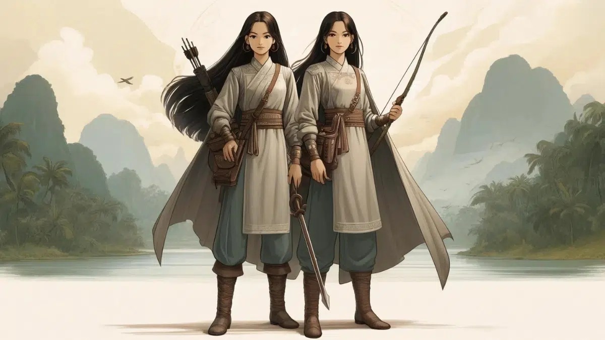 The Trưng Sisters, two national heroines from 1st century Vietnam, standing confidently with long black hair. They are wearing long tunics with light leather armor, secured with ornate wide belts. They have simple leather boots and headbands or scarves to keep their hair out of their faces. One sister holds a bow and arrow, ready to shoot, and the other holds a sword. The background features a lush Vietnamese landscape with mountains and rivers, highlighting their leadership and bravery. Only the two sisters are present