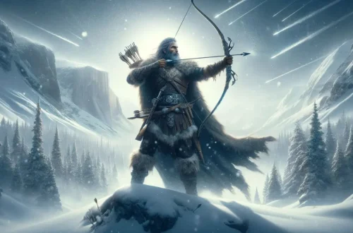 Ullr, the Norse God of Archery and Winter, highlighting his majestic presence in a wintry landscape, embodying the essence of Nordic mythology