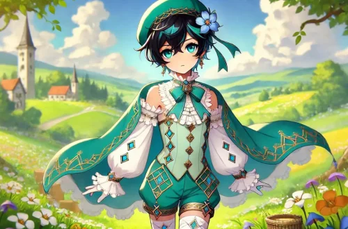 anime image of Venti from Genshin Impact. He has fair skin, aqua green eyes, and short blackish-blue hair with short twin braids at the sides of his face that fade into aqua blue. Venti wears a frilly white top with a corset for the midsection, along with green shorts with gold embroidery, a matching deep emerald green cape held together by a deep blue and gold bow. He also wears white stockings with three gold diamond shapes along each leg and a beret-like hat with a Cecilia, his favorite flower. The background should be a vibrant and whimsical landscape of Mondstadt with clear skies and lush greenery, capturing the game's colorful and whimsical art style.