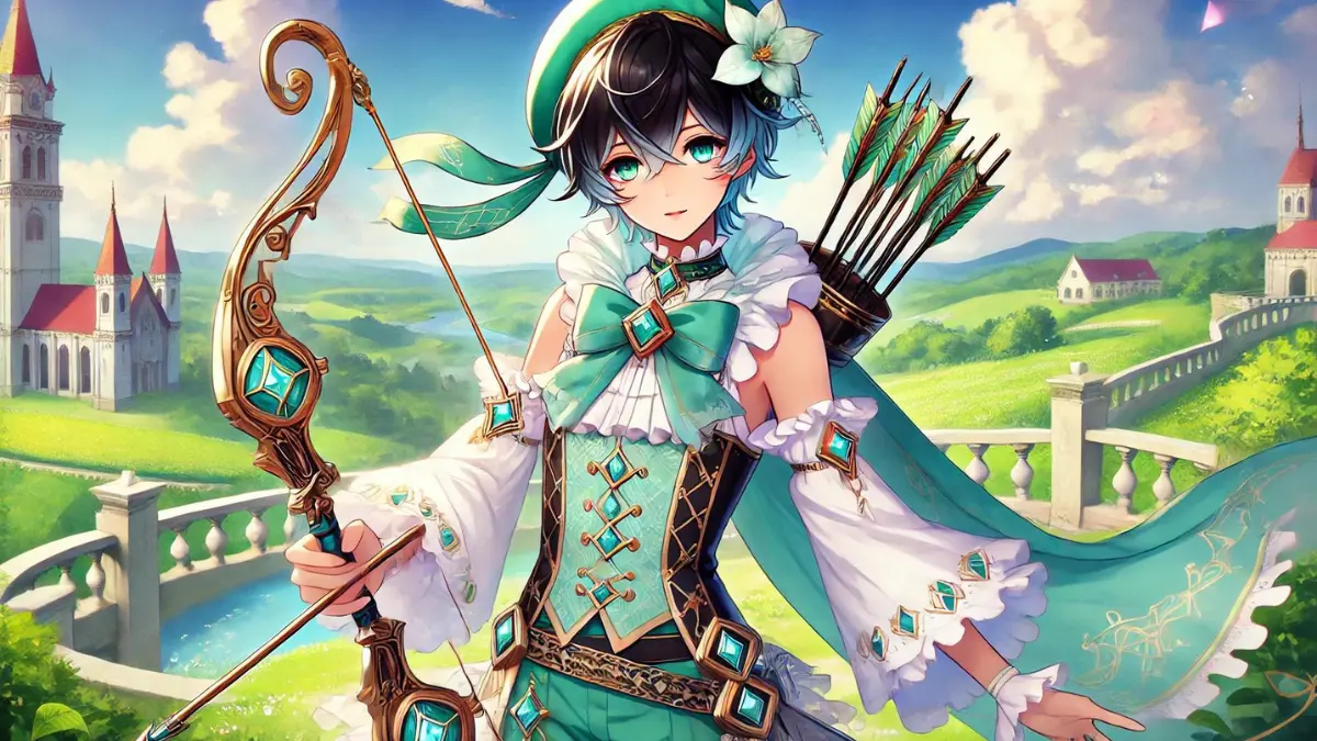 anime image of Venti from Genshin Impact holding his weapon Elegy for the End. Venti should be depicted with fair skin, aqua green eyes, and short blackish-blue hair with short twin braids at the sides of his face that fade into aqua blue. He wears a frilly white top with a corset for the midsection, along with green shorts with gold embroidery, a matching deep emerald green cape held together by a deep blue and gold bow. He also wears white stockings with three gold diamond shapes along each leg and a beret-like hat with a Cecilia, his favorite flower. Elegy for the End, a bow with elegant and intricate designs, should be prominently featured in his hands. The background should be a vibrant and whimsical landscape of Mondstadt with clear skies and lush greenery, capturing the game's colorful and whimsical art style.