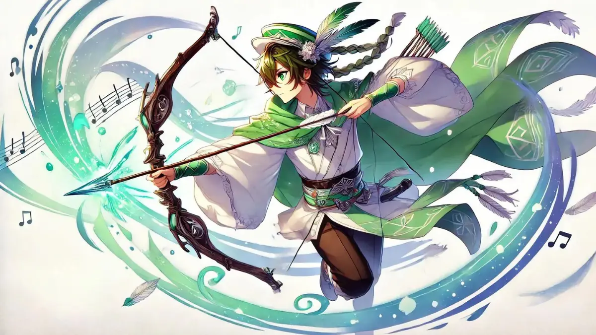 an anime-style image of Venti from Genshin Impact using the Elegy for the End bow. Venti has short green hair with a braid and wears a green and white outfit inspired by traditional bard attire, including a feathered hat and a flowing cape. Show Venti in an action pose, drawing the Elegy for the End bow with an ethereal, glowing arrow
