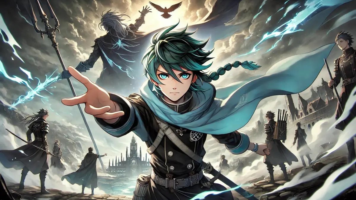 anime image of Venti from Genshin Impact helping to overthrow Decarabian, the tyrannical God of Storms, liberating Mondstadt. Venti should be depicted with fair skin, aqua green eyes, and short blackish-blue hair with short twin braids at the sides of his face that fade into aqua blue. He should be in a dynamic pose, showcasing his power and determination. Decarabian should be depicted as a menacing figure with stormy elements. The background should feature the dramatic landscape of Mondstadt during the battle, with stormy skies and elements of destruction, capturing the intensity and heroism of the liberation.