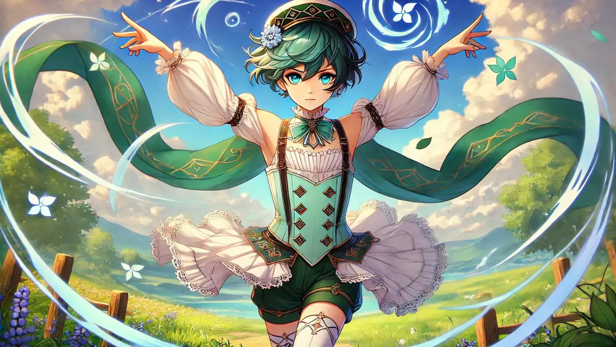 anime image of Venti from Genshin Impact summoning a Wind Domain at an enemy's location. Venti should be depicted with fair skin, aqua green eyes, and short blackish-blue hair with short twin braids at the sides of his face that fade into aqua blue. He wears a frilly white top with a corset for the midsection, along with green shorts with gold embroidery, a matching deep emerald green cape held together by a deep blue and gold bow. He also wears white stockings with three gold diamond shapes along each leg and a beret-like hat with a Cecilia, his favorite flower. Venti should be in a dynamic pose, casting the Wind Domain with swirling wind elements and energy. The background should be a vibrant and whimsical landscape of Mondstadt with clear skies and lush greenery, capturing the game's colorful and whimsical art style.