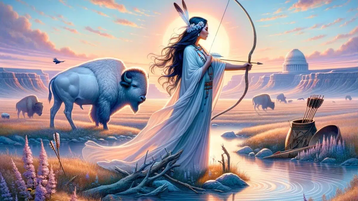the White Buffalo Calf Woman, a sacred and mystical figure from Native American mythology. The scene captures her in a moment of divine grace, set against the vast, open plains of North America, highlighting her spiritual teachings and connection to nature and archery