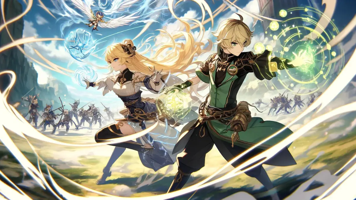 Anime style image depicting the characters Xiao and Lumine from Genshin Impact working together on a battlefield. Both are Anemo users. Lumine, with blonde hair, is dressed in her iconic outfit, using her abilities to create Swirl effects that reduce enemy elemental resistance. Xiao, in his distinctive green and gold attire, uses his Anemo abilities in tandem with Lumine. They are depicted clearing out a large group of enemies by chaining their Anemo powers, emphasizing their synergy and strength as a duo on the battlefield.
