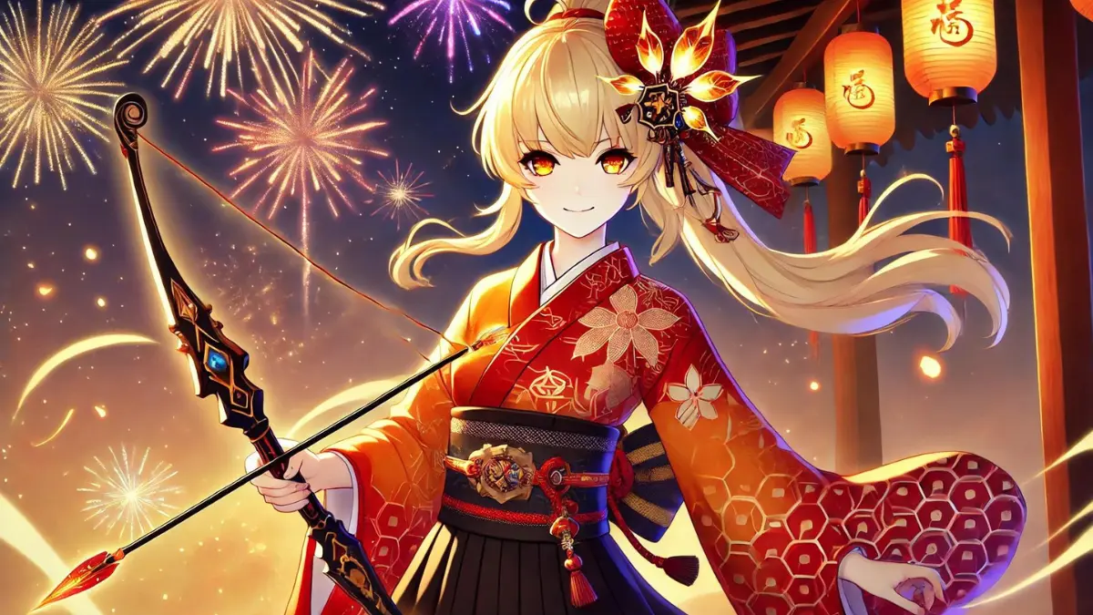 anime-style image of Yoimiya from Genshin Impact using her favorite weapon, Thundering Pulse. She has bright blonde hair styled into a high ponytail with a large red ribbon tied at the back. Her bangs are parted to the side, framing her face. Her eyes are a striking amber color. Yoimiya wears a traditional yet modernized summer festival outfit, with a red and orange kimono featuring intricate patterns and designs resembling fireworks. The kimono is short and allows for ease of movement. She has various accessories, including a decorative hairpin with a firework motif and a small pouch at her waist. She is holding the Thundering Pulse bow, which is adorned with lightning motifs and glowing with energy