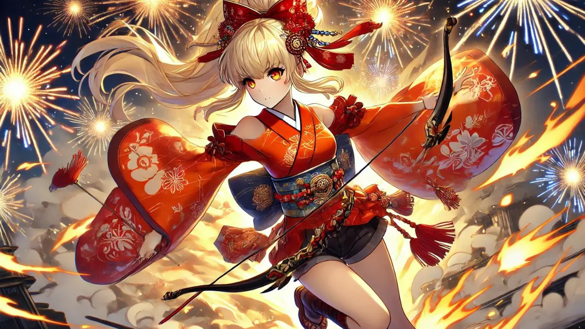 anime-style image of Yoimiya from Genshin Impact. She has bright blonde hair styled into a high ponytail with a large red ribbon tied at the back. Her bangs are parted to the side, framing her face. Her eyes are a striking amber color. Yoimiya wears a traditional yet modernized summer festival outfit, with a red and orange kimono featuring intricate patterns and designs resembling fireworks. The kimono is short and allows for ease of movement. She has various accessories, including a decorative hairpin with a firework motif and a small pouch at her waist