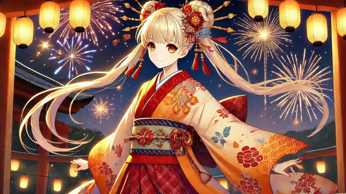 image of Yoimiya from Genshin Impact. She has bright blonde hair styled into a high ponytail with a large red ribbon tied at the back. Her bangs are parted to the side, framing her face. Her eyes are a striking amber color. Yoimiya wears a traditional yet modernized summer festival outfit, with a red and orange kimono featuring intricate patterns and designs resembling fireworks. The kimono is short and allows for ease of movement. She has various accessories, including a decorative hairpin with a firework motif and a small pouch at her waist. She carries a bow adorned with festive decorations. For footwear, she wears traditional Japanese sandals known as geta. The background should depict a festive night scene with fireworks in the sky and lanterns illuminating the surroundings